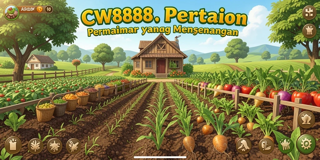 Screenshot utama CW8888 menampilkan petani yang sibuk mengolah tanah dan menanam biji.