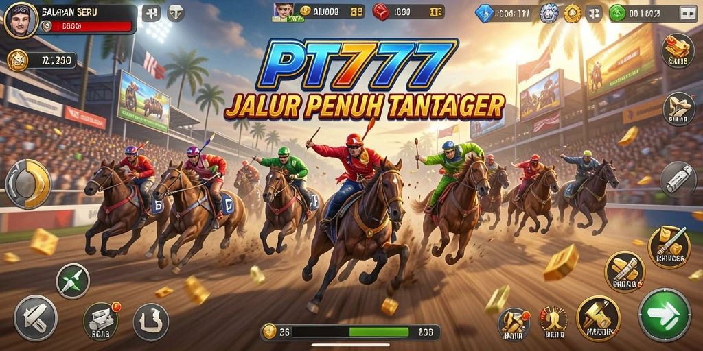 Tampilan gameplay PT777 dengan mobil balap yang mendebarkan.