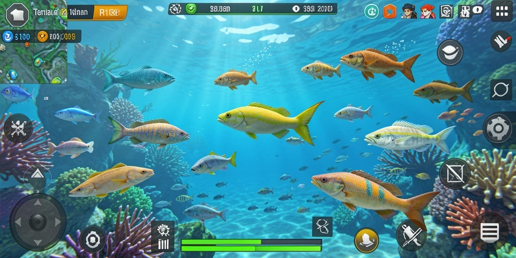 Tampilan permainan RI188 dengan ikan berwarna-warni yang sedang berenang.